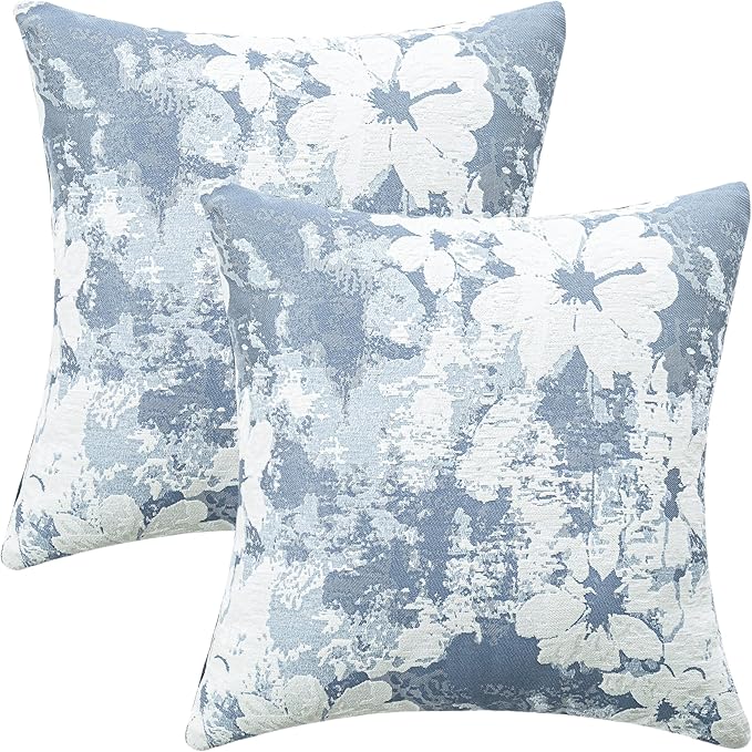 Jacquard Throw Pillow Covers 18x18 Inch Set of 2 - Vintage Floral Boho Pillow Cases with Botanical Pattern | Farmhouse Decor for Couch Living Room | Soft Textured Neutral Trio Dusty Blue 18" x 18"-Ruum Studio Home