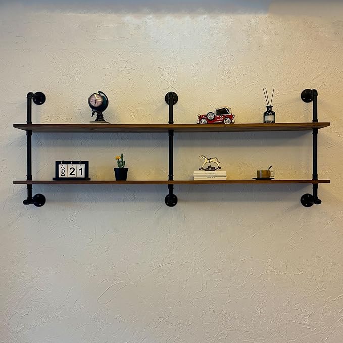 Industrial Pipe Wall Shelves Pipe Shelving with Real Wood Plank,70 Inches Floating Shelves for Wall Farmhouse Pipe Book Shelves Dark Brown 2 Tier for Kitchen,Living Room Decor and Bar Shelving-Ruum Studio Home