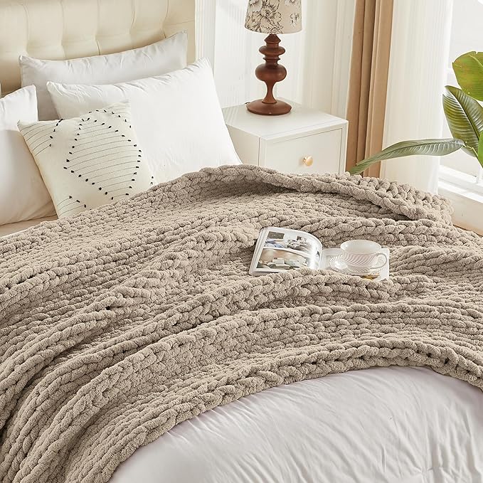 Carriediosa Chunky Knit Throw Blanket 50" X 60", 100% Hand Made Large Chenille Loop Yarn Soft Fluffy Throws for Couch Sofa Bed, Big Crochet Cozy Heavy Thick Cable Woven Blankets, Taupe-Ruum Studio Home