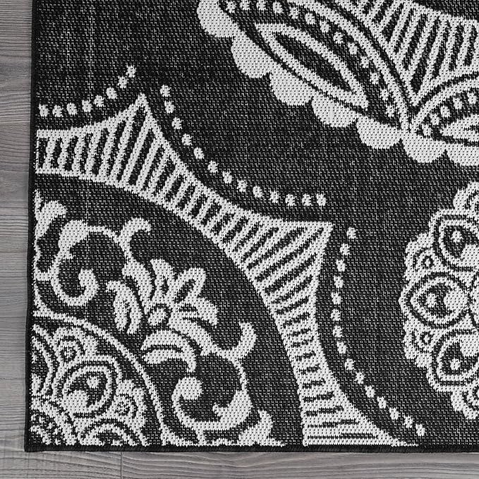 Medallion Outdoor Rug 10x14 Washable Outside Carpet for Indoor Patio Porch Waterproof Easy Cleaning Non Shedding Area Rugs Black 10 x 14-Ruum Studio Home