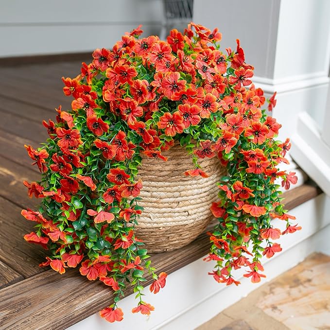 INSPRING Fall Fake Mums Artificial Flowers Hanging Decoration for Outdoors, 2Pcs Orange Daisy with Autumn Eucalyptus Leaves, Realistic Plants Decor, Silk Flower for Porch Patio Balcony Planter Yard-Ruum Studio Home