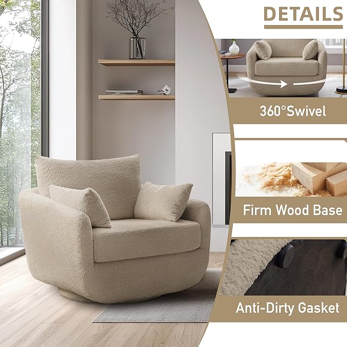 360° Swivel Accent Armchair, 39.3" Oversized, Sherpa Boucle Fabric Sofa Chair with Removable Back & Arm Pillows, Swivel Chair with Cozy Soft Padded, No Assembly Required (1, Camel)-Ruum Studio Home