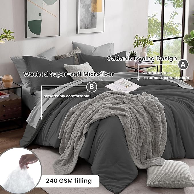 Monbix King Size Comforter Set, Dark Grey King Size Bed Set Reversible 7 Pieces, Cationic Dyeing Bed in a Bag with Comforter, Sheets, Pillowcases & Shams-Ruum Studio Home