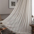 Sutuo Home Boho Curtains for Bedroom Nursery 90 Inch Length, Bohemian Geometric Crochet Sheer Lace Handmade Tassels Window Treatment Vintage Rustic Drape Rod Pocket 1 Panel 59" W x 90" L, Beige Wave-Ruum Studio Home