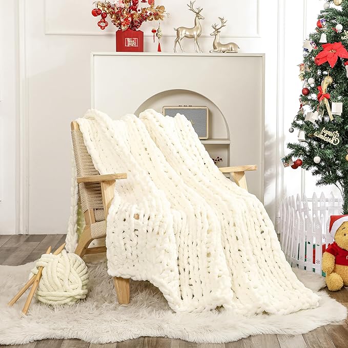 WESHIONGOO Chunky Knit Throw Blanket 50"×60" Knitted Throw Blankets for Couch Bed Fluffy Soft Blanket with Jumbo Chenille Yarn Thick 100% Handmade (Cream White)-Ruum Studio Home