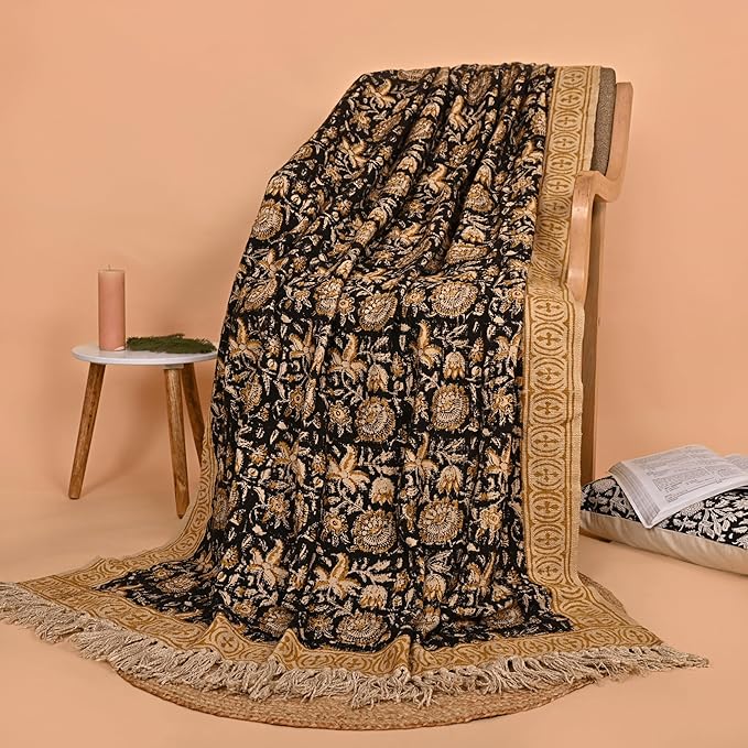 Bohemian Floral Cotton Throw Blanket with Tassels | 48x70 Inch Handblock Printed Sofa Throw | Black & Gold Decorative Bed Cover | Lightweight Couch Throw for Living Room & Bedroom-Ruum Studio Home