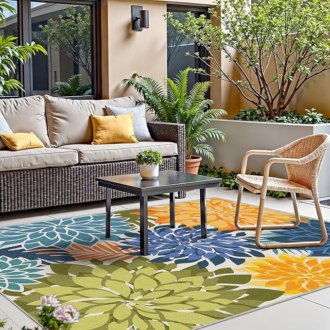 Indoor Outdoor Area Rug Washable Multicolored Patio Rug Tropical Botanical Modern Floral Indoor Outdoor Carpet Non Slip Yellow Green Rug Non Shedding for Patio, Deck, Backyard, Porch (8x10)-Ruum Studio Home