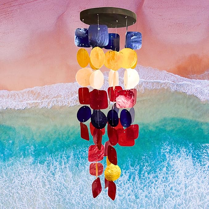 Bellaa 24872 Wind Chimes Outdoor, Garden Decorations, Musical, Indoor/Outside Windchimes, Beach, Ocean Breeze, Gifts for Mom, Gift for All Occasions, Sea Glass Shells Wood Red Blue Yellow White-Ruum Studio Home
