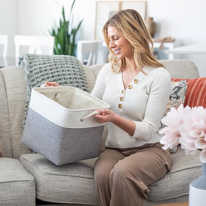 OrganiHaus 12x12 Cube Storage Bins 4 Pack, Foldable Cube Storage Organizer w/ Rope Handles, Collapsible Fabric Bins for Toys, Clothes & Closet Organization, Fabric Square Baskets - Gray/White-Ruum Studio Home