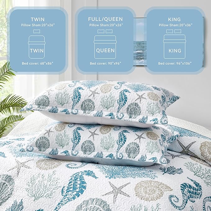 Coastal Bedding King Size Coastal Quilt with 2 Shams, Nautical Beach Comforter Sets Ocean Bedspreads Blue Seahorse Coverlet Summer Bedding, 96''x106''-Ruum Studio Home