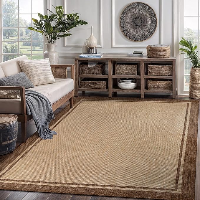 CAMILSON Outdoor Rug 6x9 Bordered Natural Brown Modern Area Rugs for Indoor and Outdoor Patios, Kitchen and Hallway Mats, Washable Porch Deck Outside Carpet (Border Jute, 6 x 9)-Ruum Studio Home