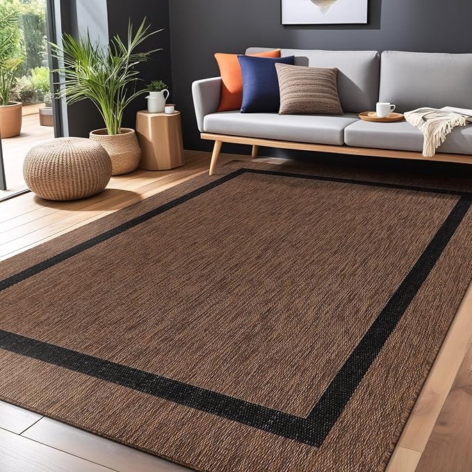 Bordered Outdoor Rug 10x14 Washable Outside Carpet for Indoor Patio Porch Waterproof Easy Cleaning Non Shedding Area Rugs Nut Brown - Black 10 x 14-Ruum Studio Home