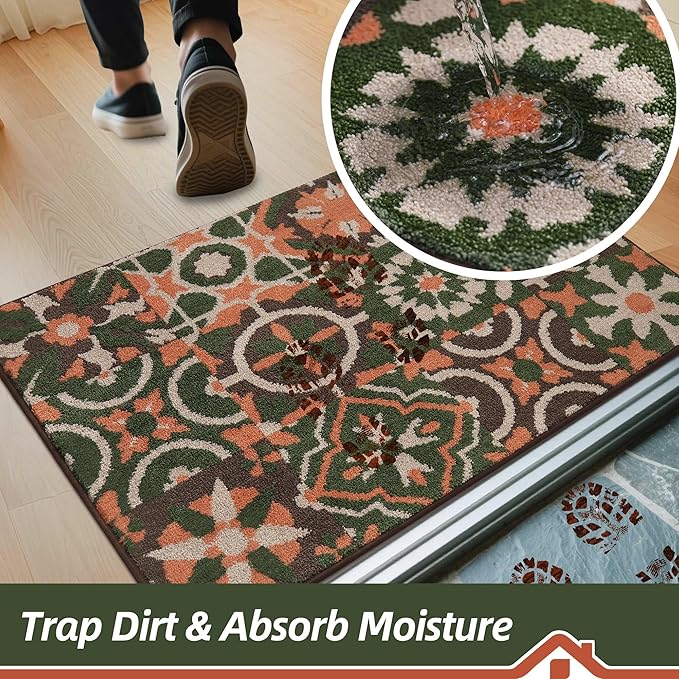 BEQHAUSE Dirt Trapper Door Mat 32" x 48", Non-Slip Entryway Rugs Washable, Floor Mat Stain Resistant and Absorbent Welcome Mat for Front Back Door, Muddy Wet Shoes & Paws, Boho Geometric Floral-Ruum Studio Home