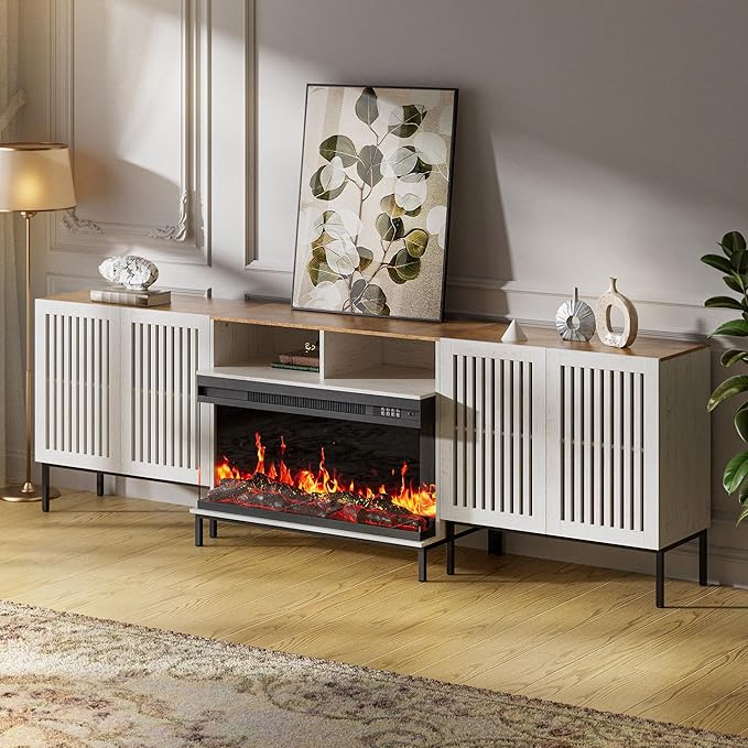 3-Sided Glass Farmhouse Fireplace TV Stand for TVs Up to 100 Inch, Entertainment Center with 36" Electric Fireplace, TV Console with Storage Cabinets for Living Room, Antique White-Ruum Studio Home