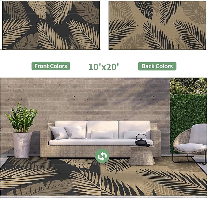 GENIMO Outdoor Rug 10' x 20' Waterproof for Patios Clearance, Reversible Outdoor Plastic Straw Camping Rug Carpet, Large Area Rugs Mats for RV, Camper, Deck, Balcony, Porch, Beach, Picnic, Black&Brown-Ruum Studio Home