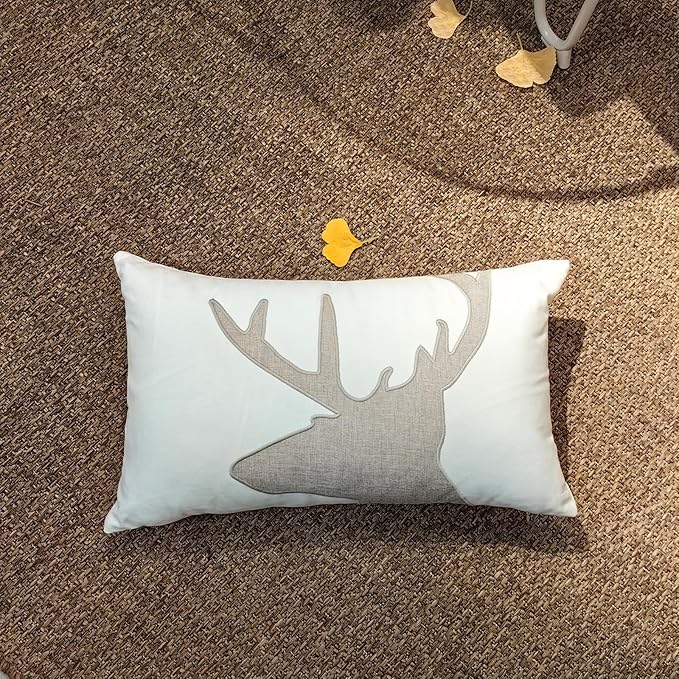 Lumbar Pillow Covers 12x20 Inches Deer Decorative Cotton Linen Deer Head Throw Lumbar Waist Embroidered Cushions Covers for Couch Sofa Bedroom White-Ruum Studio Home