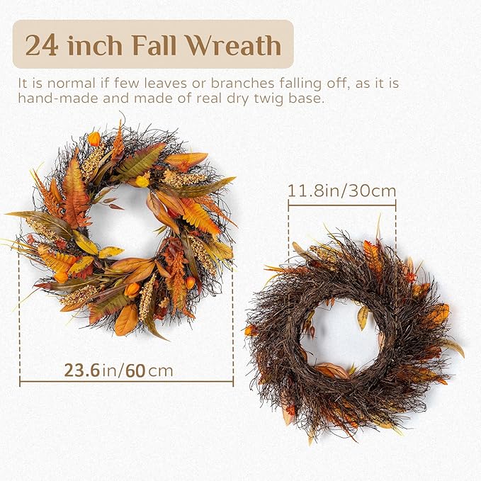Fall Wreath for Thanksgiving Decorations 24inch - Walasis Large Wheat Wreaths for Front Door - Harvest Grain Gold Autumn Wall Decor for Indoor Outdoor-Ruum Studio Home