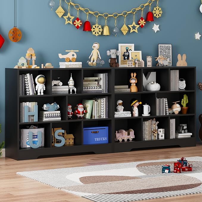 Book Shelf, 8 Cubes Storage Organizer, 3-Tier Open Shelf Wooden Bookcase, Freestanding Black Bookshelf Cube Shelf for Bedroom, Living Room, Home Office-Ruum Studio Home