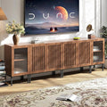 Farmhouse TV Stand for TVs up to 100 Inch, Entertainment Center TV Console with Storage Cabinets and Glass Doors,Media Console for Living Room,Brown-Ruum Studio Home