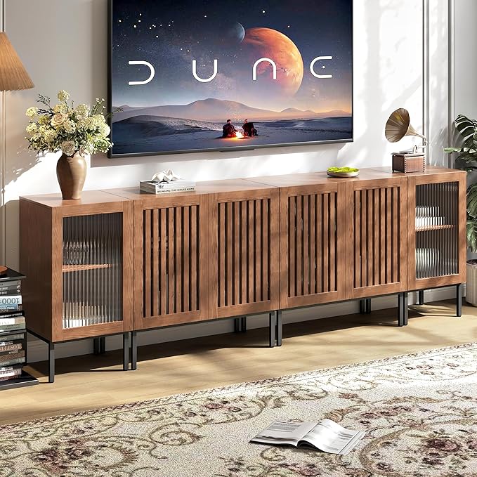 Farmhouse TV Stand for TVs up to 100 Inch, Entertainment Center TV Console with Storage Cabinets and Glass Doors,Media Console for Living Room,Brown-Ruum Studio Home