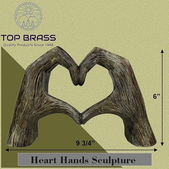 Top Brass Large Rustic Heart Hands Sculpture, 9 3/4” Resin Love Statue – Romantic Decor Accent for Shelf or Mantel – Perfect for Wedding, Valentine's Day or Anniversary (Rustic Wood Grain)-Ruum Studio Home