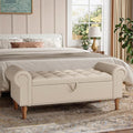 Storage Ottoman Bench for Bedroom, 51" Upholstered Bench with Rolled Arms and Vintage Rivets for Living Room, Full & Queen Leather Storage Bench with Button for Entryway, Beige+Nature Legs-Ruum Studio Home