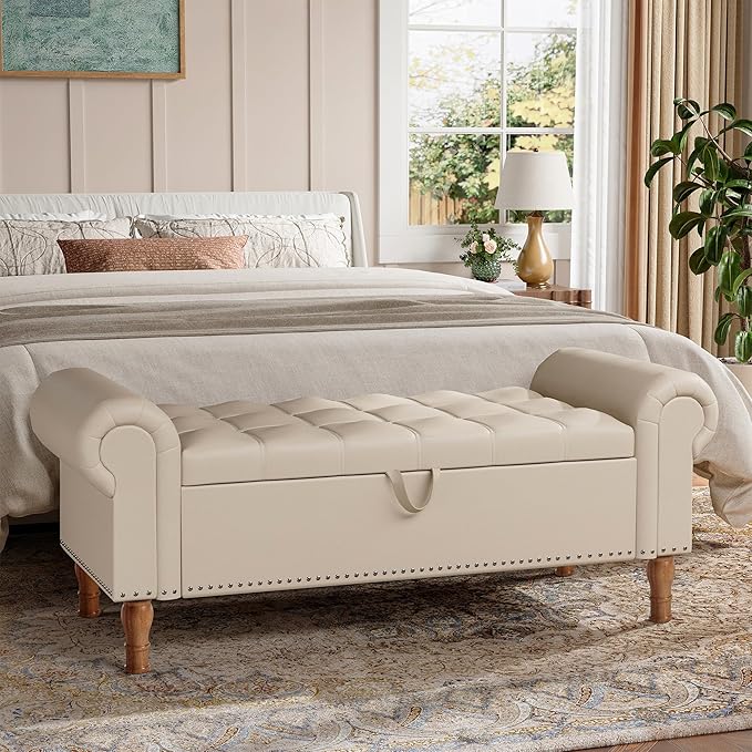 Storage Ottoman Bench for Bedroom, 51" Upholstered Bench with Rolled Arms and Vintage Rivets for Living Room, Full & Queen Leather Storage Bench with Button for Entryway, Beige+Nature Legs-Ruum Studio Home