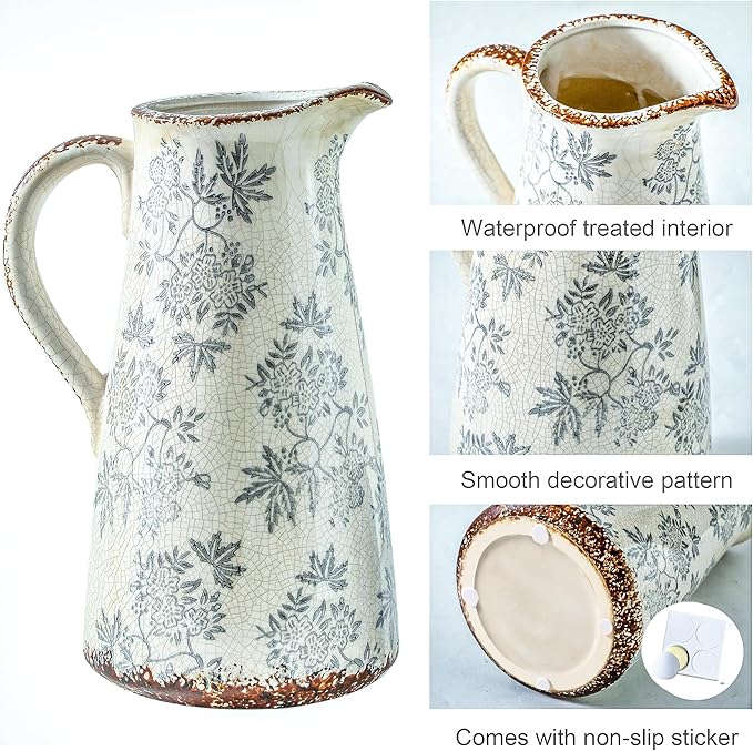 Enra Blue and White vase with Handle,12.2 inch Ceramic Vintage Decorative Flower Pitcher vase, Chinoiserie Floral Vase,Large Rustic Vases for Home Decors, Living Room, Bookshelf, Office-Ruum Studio Home