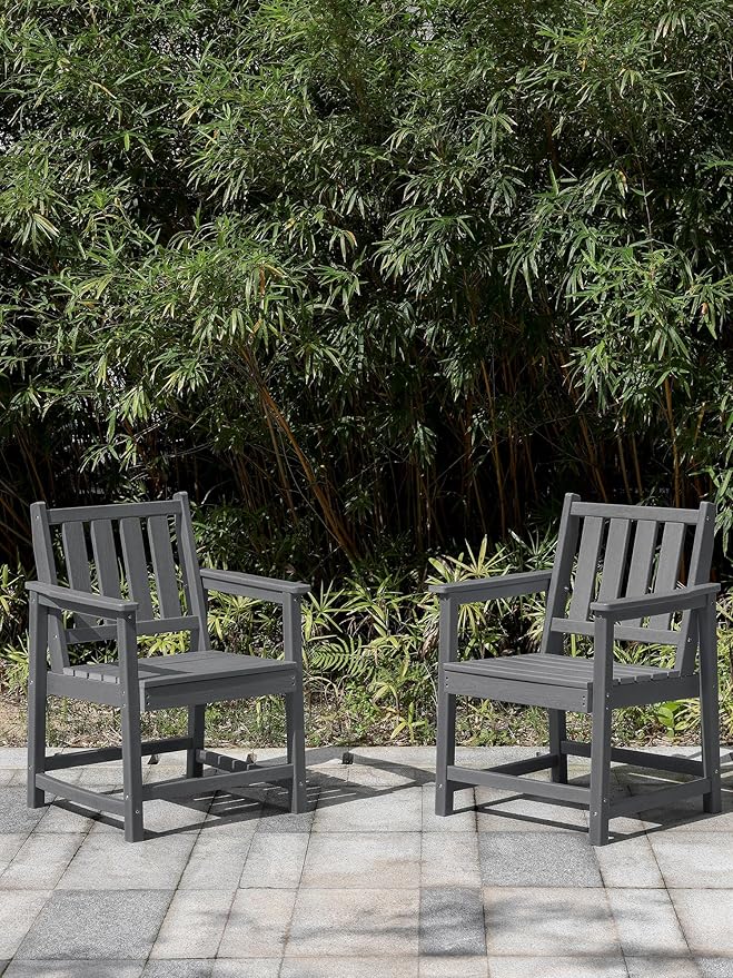 Patio Dining Chair Set of 2, HDPE Outdoor Dining Chair, Ergonomic HDPE Dining Chairs with Deep Seating, All Weather Outdoor Chairs Furniture for Backyard, Deck, Garden, Poolside, Smoke Gray-Ruum Studio Home