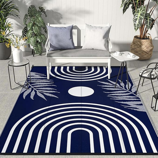 GENIMO Outdoor Rug 6' x 9' Waterproof for Patio Clearance, Reversible Lightweight Plastic Straw Camping Carpet, Large Area Rugs Mats for Rv, Backyard, Deck, Porch, Picnic, Balcony, Mix-Blue & White-Ruum Studio Home