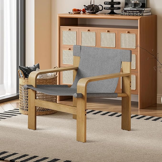 Mid-Century Accent Chair with Wide Armrest & Solid Wood Frame, Detachable and Washable Armchair, Modern Living Room Reading Chairs for Bedroom Sunroom Bedroom Balcony,Light Grey-Ruum Studio Home