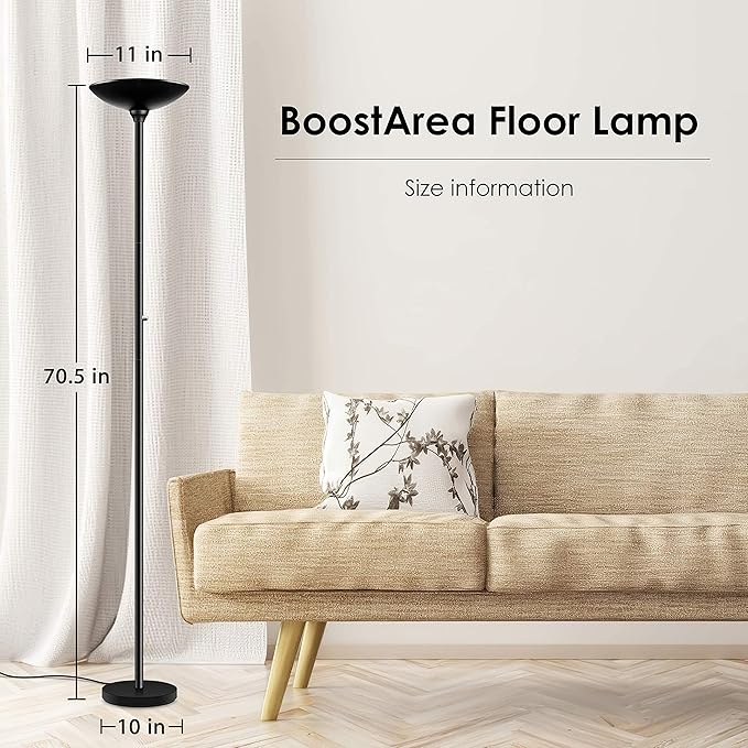 BoostArea Torchiere Floor Lamp, 30W Super Bright LED Standing Lamp, Stepless Dimmable Pole Lamp with 3000K Lighting, Rotary Switch, 70 Inch Tall Metal Modern Floor Lamps for Living Room/Bedroom Black-Ruum Studio Home