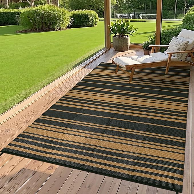 Outdoor Patio Rug 9x12 Stain-Resistant Reversible Camping Mat, Modern Striped Outdoor Plastic Straw Rug, Waterproof Outside Carpet, Easy to Clean for RV, Porch, Deck, Balcony, Black Brown-Ruum Studio Home