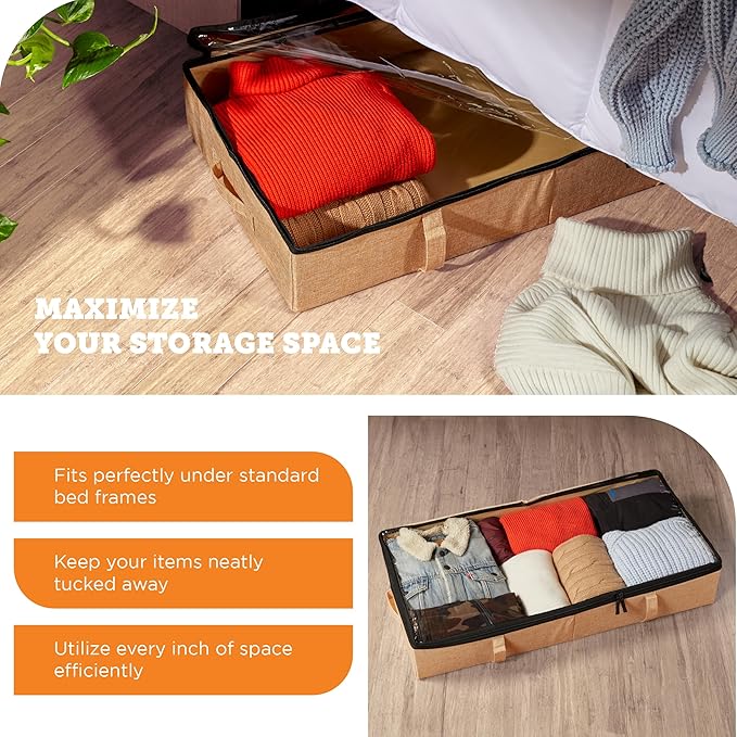 storageLAB Under Bed Storage Containers, Closet Organizers with Sturdy Handles for Clothes, Comforters, and Accessories, Use Under or at the End of the Bed - 2 Pack, Reinforced, Beige-Ruum Studio Home