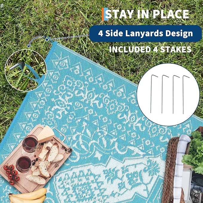 GAOMON Outdoor Rug Waterproof 9x12 Patio Rugs Reversible Plastic Straw Rug, Large UV-Resistant Portable RV Camping Mats, Indoor Outdoor Medallion Carpet for Deck Porch Garden, Light Blue & White-Ruum Studio Home