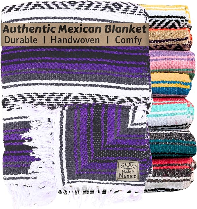 Del Mex Classic Mexican Blanket, Large Authentic Woven Falsa Throw (70"x50"), Artisan Southwest Décor for Beach, Yoga, Outdoors (Purple)-Ruum Studio Home