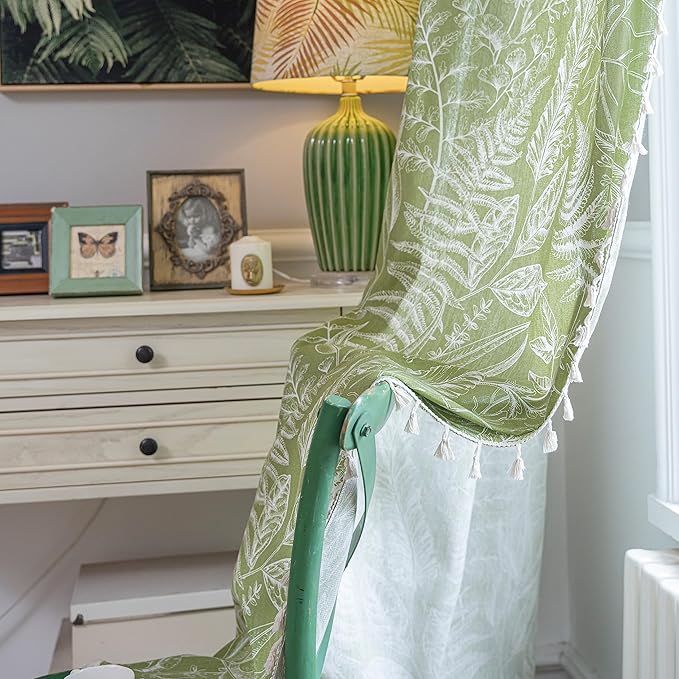 Sutuo Home Boho Curtain 84 Inches Length for Bedroom, Printed Cotton Linen Rod Pocket Rustic Farmhouse Bohemian Tassels Window Treatment, 1 Panel 59" W x 84" L, Green Tropical Leaves-Ruum Studio Home