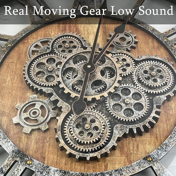 27 Inch Moving Gear Wall Clock, Oversized Wall Clocks, Clock Living Room Decor, Solid Wood Frame, Battery Operated, Large Wall Clock with Steampunk Industrial for Fireplace(Brown)-Ruum Studio Home