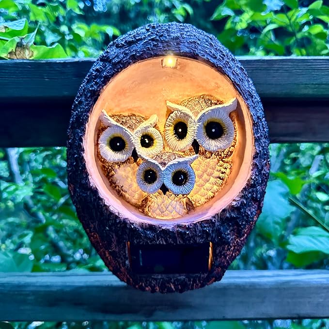 Garden Owl Family Tree Hugger Statue Solar Powered Outdoor Wall Mounted Figurine Light Resin Sculpture Home Decoration Housewarming Ornament Unique Gift-Ruum Studio Home