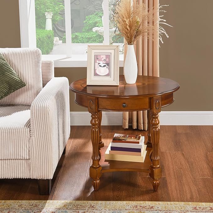 Solid Wood End Table with Drawer and Storage Shelf, Oval Sofa Side Table with Carved Legs, Living Room Corner Table, Large Beside Table, Elegant Vintage, No-Tools Assembly, Caramel Brown CJZ1533MG-Ruum Studio Home