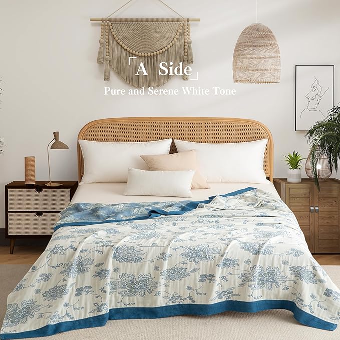 Boho Throw Blanket Full Size, Extra Large Soft Cozy Cotton Muslin Quilt Blanket for Bed Decor, Floral Patterned Couch Sofa Chair Cover, Vintage Farmhouse Cottage Woven Blanket, Blue&White-Ruum Studio Home