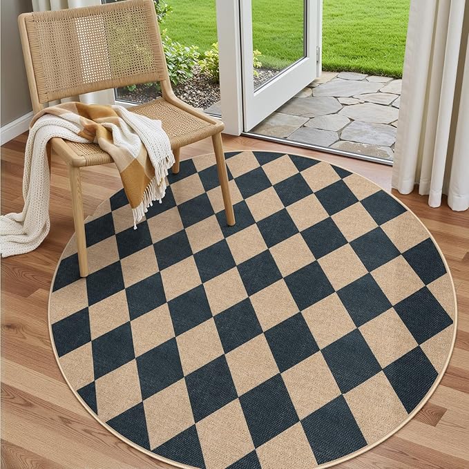 Lahome Checkered Round Rugs 6ft, Washable Easy Jute Circle Patio Rug Indoor Outdoor Rugs for Living Room, Farmhouse Natural Round Area Rug Contemporary Carpet for Entryway Backyard-Ruum Studio Home