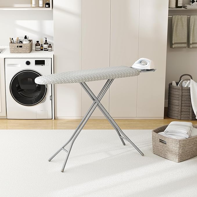 Yaheetech Foldable Ironing Board, Heavy Duty Iron Board with 9 Adjustable Heights, 4 Layer Cover and Safety Iron Rest, 52X14 Compact and Space Save Iron Board for Home Laundry Room Use, Gray&White-Ruum Studio Home