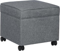 Adeco 17.5" Square Fabric Ottoman with Storage, Upholstered Cotton Linen Foot Rest, Flip Top Footstool, Small Cube Coffee Table Extra Seat for Living Room, Bedroom, Grey with Rolling Legs-Ruum Studio Home