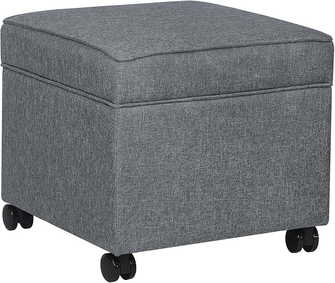 Adeco 17.5" Square Fabric Ottoman with Storage, Upholstered Cotton Linen Foot Rest, Flip Top Footstool, Small Cube Coffee Table Extra Seat for Living Room, Bedroom, Grey with Rolling Legs-Ruum Studio Home