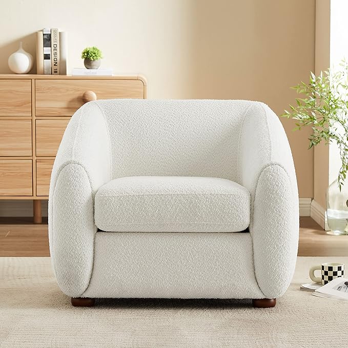 Modern Accent Chair for Living Room, Upholstered Armchair with Boucle Fabric, Single Sofa Chair with Solid Wood Legs, Boucle, White-Ruum Studio Home