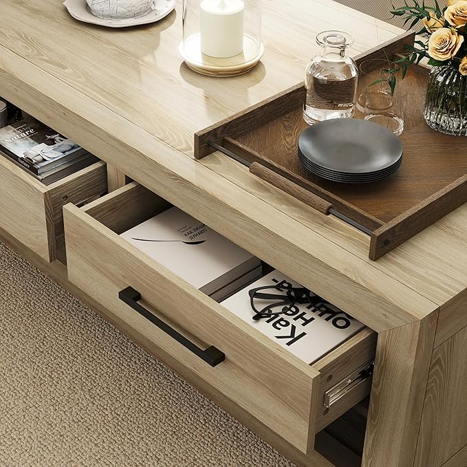 Hazel Coffee Table with 4 Storage Drawers and Open Shelf, Metal Handles, Rectangular Modern Luxury Table for Living Room-Ruum Studio Home