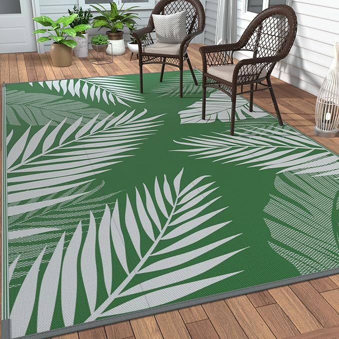 GENIMO Outdoor Rug 6' x 9' Waterproof for Patios Clearance, Reversible Plastic Straw Camping Carpet, Large Area Rugs Mats for RV, Picnic, Backyard, Deck, Balcony, Porch, Beach, Green&Grey-Ruum Studio Home