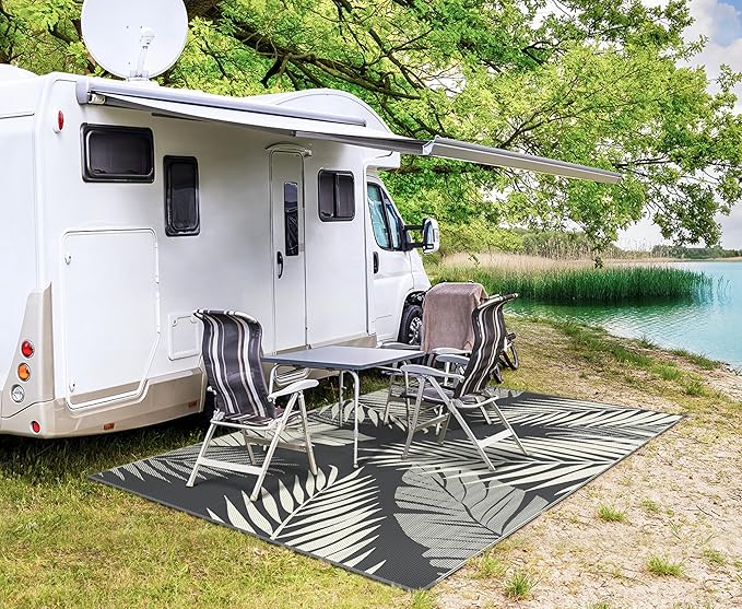 GENIMO Outdoor Rug 6' x 9' Waterproof for Patios Clearance, Reversible Plastic Straw Camping Carpet, Large Area Rugs Mats for RV, Picnic, Backyard, Deck, Balcony, Porch, Beach, Yellow&Grey-Ruum Studio Home