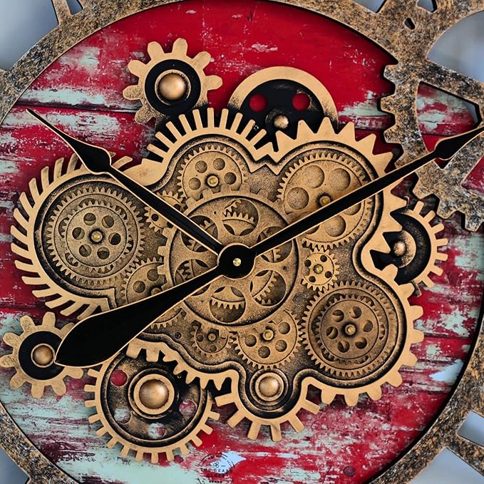 The Gears Clock 36'' Inch Real Moving Gear Wall Clock Vintage Industrial Oversized Rustic Farmhouse (Red Lava)-Ruum Studio Home